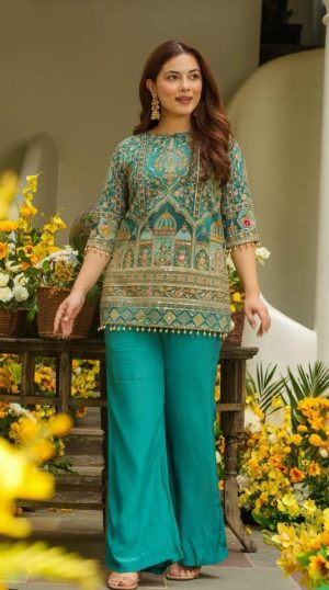 Royal Teal Heritage Embroidery Kurti two-Piece Set